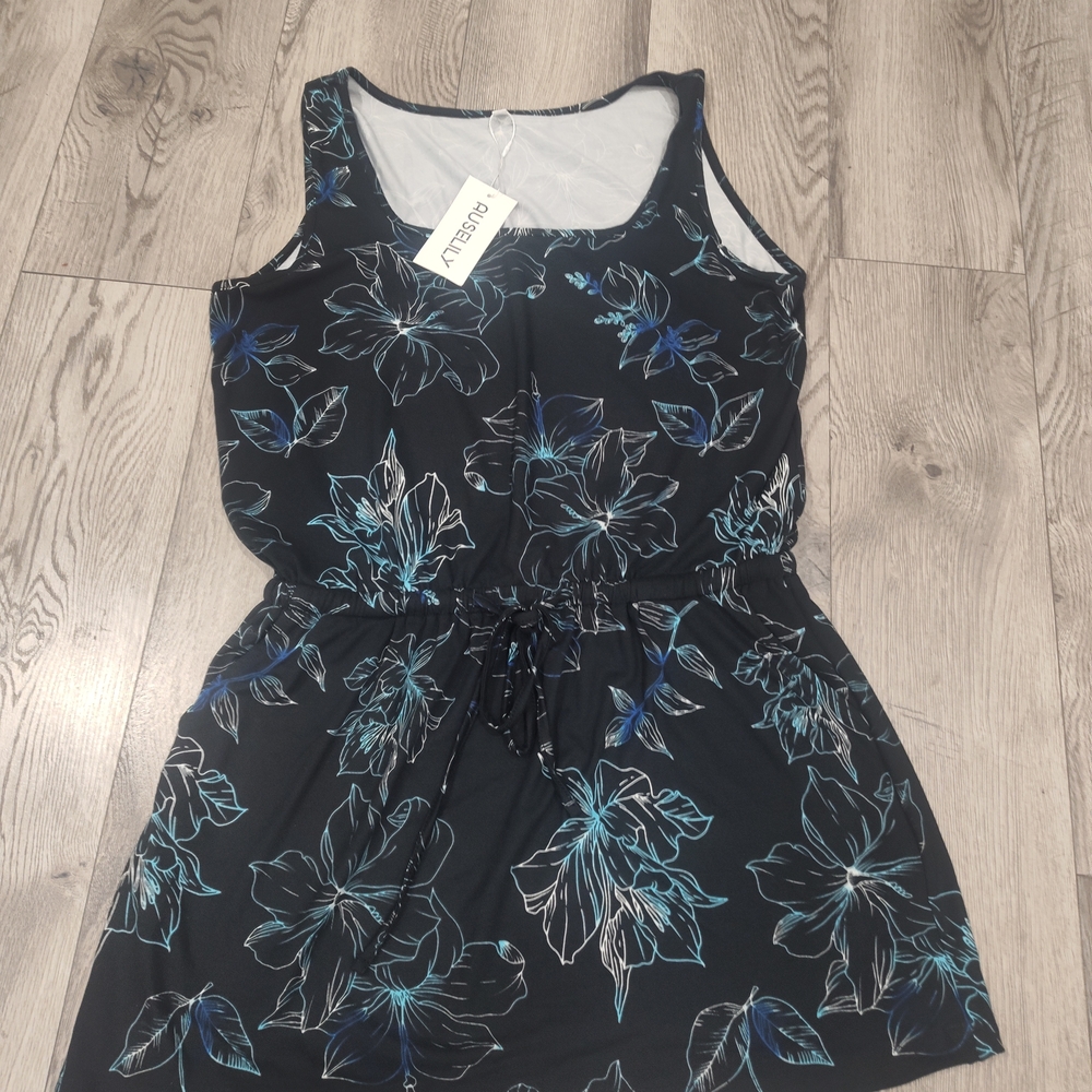 Casual Black Floral Tank Dress with Blue Accents